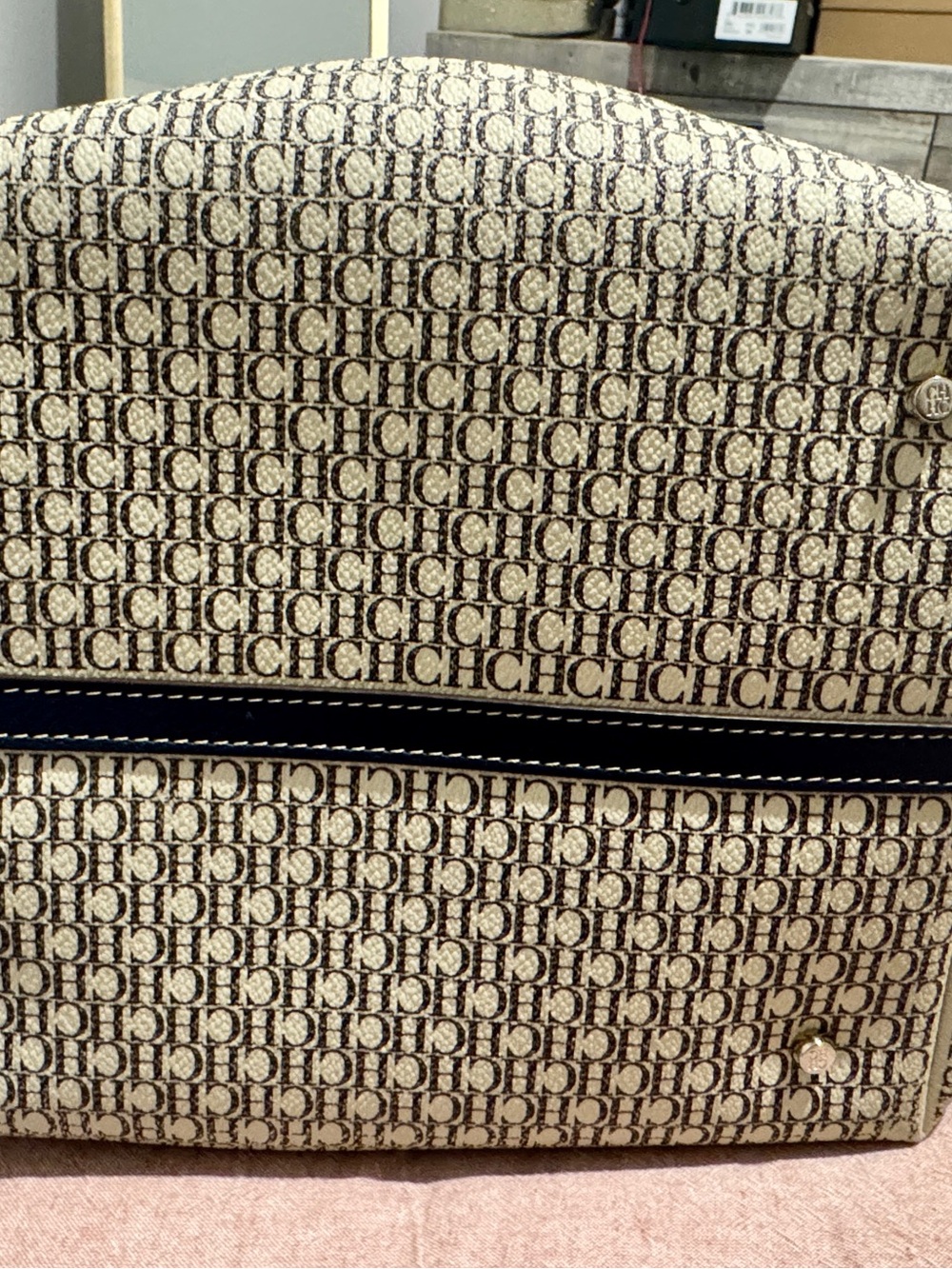 Carolina Herrera Beige Monogram Tote with Red Trim and Black Accents - Picture 6 of 7